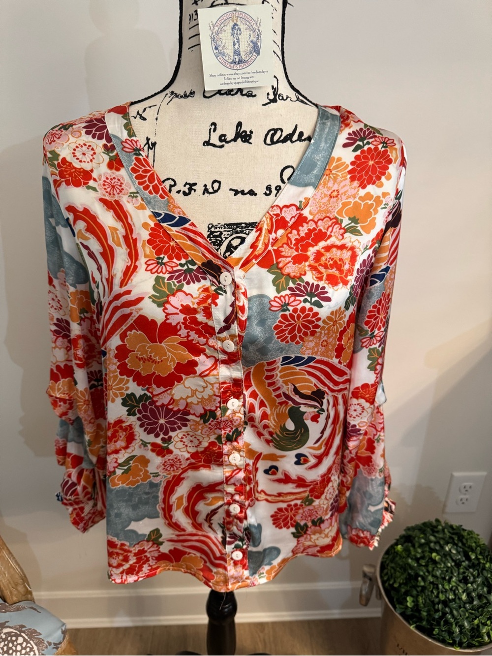 RD Koko Blouse Elastic Cuffs Size S Floral Orange Floral Button Womens Polyester
